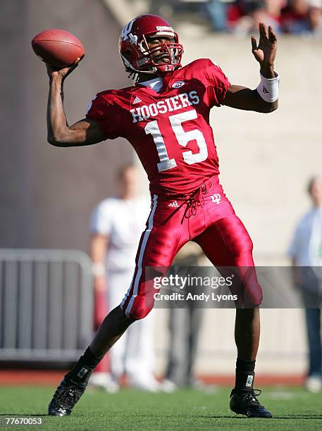 Kellen Lewis of the Indiana Hoosiers throws a pass against the Ball State Cardinals during the game at Memorial Stadium November 3, 2007 in...