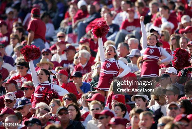 The Indiana Hoosiers cheerleaders lead cheers in the crowd during the game against the Ball State Cardinals at Memorial Stadium November 3, 2007 in...