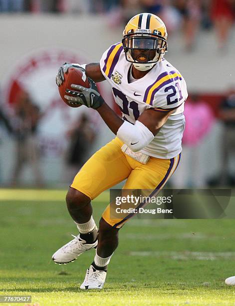 Chevis Jackson of the LSU Tigers pulls down an interception against the Alabama Crimson Tide at Bryant-Denny Stadium on November 3, 2007 in...