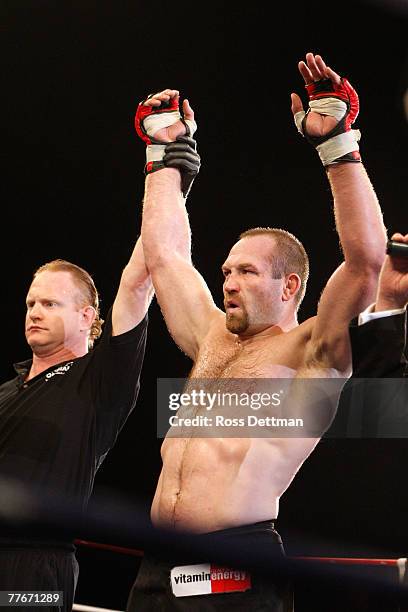 Vladdy Matyushenko of the Sabers celebrates after winning his title bout against Alex Schoenauer of the Anacondas during their Light Heavyweight...