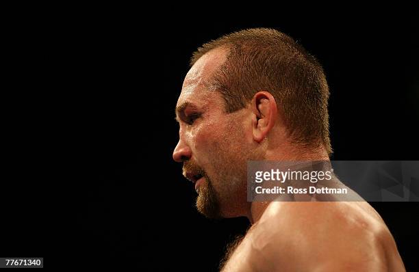 Vladdy Matyushenko of the Sabers looks on against Alex Schoenauer of the Anacondas during their Light Heavyweight title bout at the World Grand Prix...