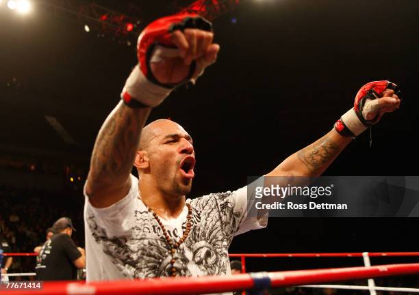 Jay Hieron of the Anacondas celebrates his win against Donnie Liles of the Razorclaws during their Welterweight bout at the World Grand Prix...