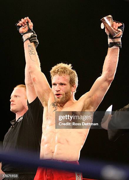 Matt Horwich of the Wolfpack celebrates his win against Brian Foster of the Razorclaws during their Middleweight bout at the World Grand Prix...
