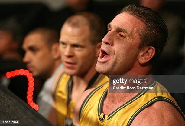 Coach, Ken Shamrock yells support to his fighter Roy Nelson of the Lions against Bryan Vetell of the Pitbulls against Roy Nelson of the Lions during...