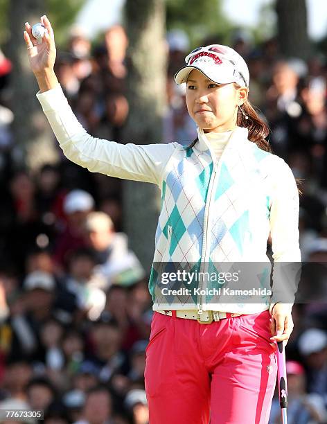 Momoko Ueda of Japan celebrates after winning the LPGA Mizuno Classic, at Kintetsu Kashikojima Country Club, on October 4 in Mie Prefecture, Japan....