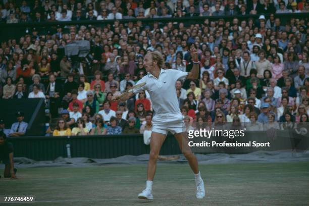 American tennis player Stan Smith pictured in action during competition to reach the semifinals of the Men's Singles tennis tournament at the...
