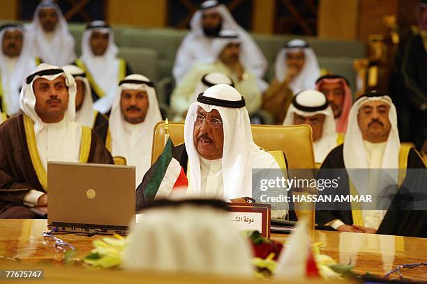 Kuwaiti Interior Minister Jaber Khaled al-Sabah of Kuwait speaks at the opening of a meeting with his counterparts in the Gulf Cooperation Council in...