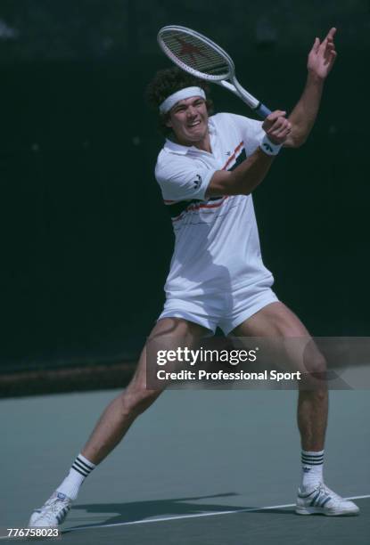 Czechoslovak tennis player Milan Srejber pictured in action during progress to reach the quarterfinals of the Men's Singles tennis tournament at the...