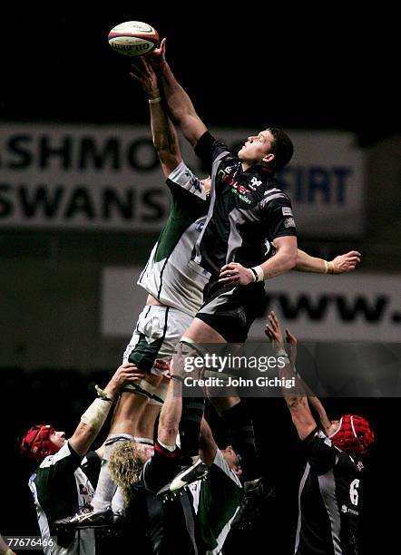 Ian Evans of Ospreys wins the line-out during the EDF Energy Cup game between Ospreys and London Irish at Liberty Stadium on November 4, 2007 in...