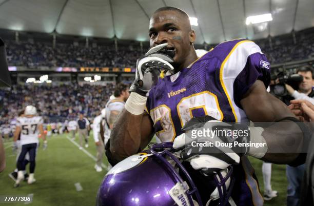Adrian Peterson of the Minnesota Vikings set two NFL records against the San Diego Chargers at the Hubert H. Humphrey Metrodome on November 4, 2007...