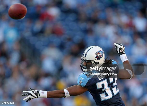 Michael Griffin of the Tennessee Titans tips a pass against the Carolina Panthers during the fourth quarter at LP Field on November 4, 2007 in...