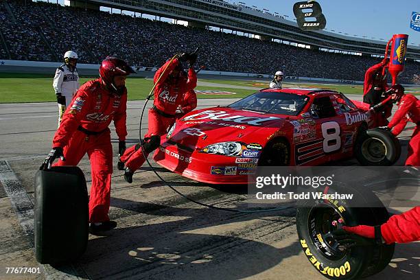 Dale Earnhardt Jr., driver of the Budweiser Chevrolet, pits during the NASCAR Nextel Cup Series Dickies 500 at Texas Motor Speedway on November 4,...