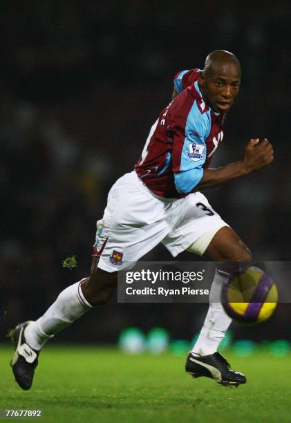 Luis Boa Morte of West Ham runs with the ball during the Barclays Premier League match between West Ham United and Bolton Wanderers at Upton Park on...