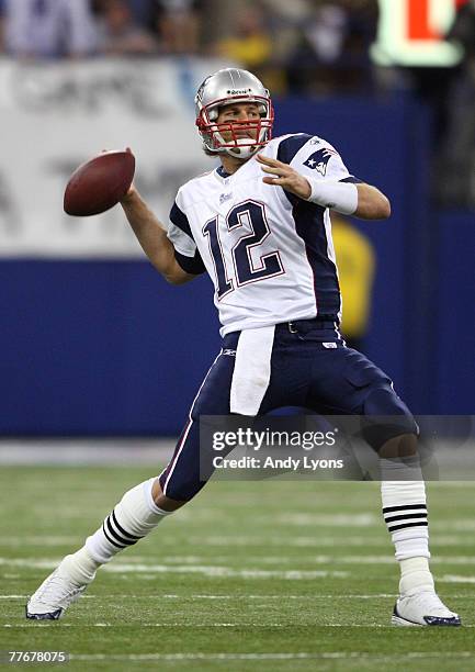 Tom Brady of the New England Patriots throws a pass against the Indianapolis Colts on November 4, 2007 at the RCA Dome in Indianapolis, Indiana.