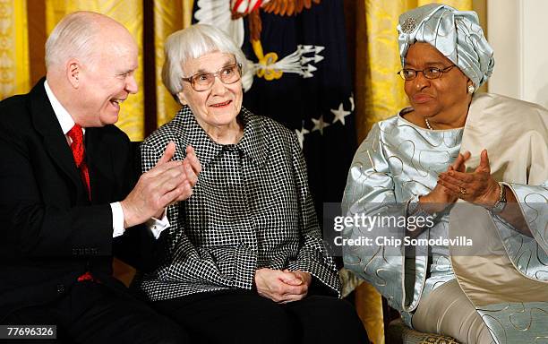 President and CEO of C-SPAN Brian Lamb and Liberia President Ellen Johnson Sirleaf applaud Pulitzer Prize winner and "To Kill A Mockingbird" author...