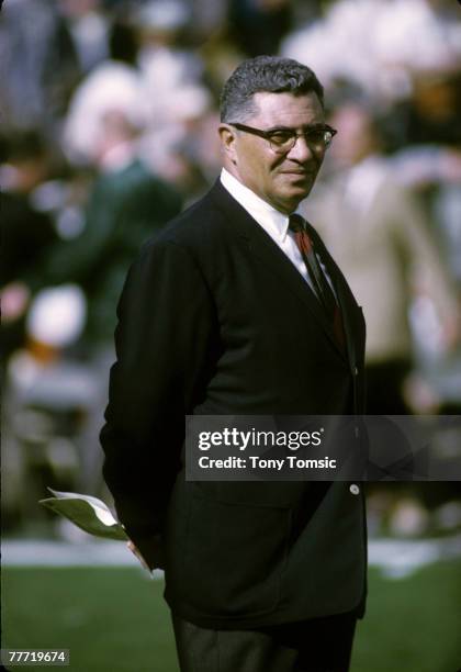 Green Bay Packers Hall of Fame head coach Vince Lombardi stalks the sidelines during Super Bowl II, a 33-14 victory over the Oakland Raiders on...