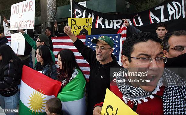 Kurdish supporters protest the potential Turkish invasion of the Kurdish region of Iraq outside United Nations headquarters November 5, 2007 in New...