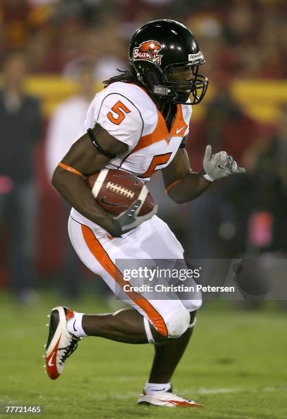 Gerard Lawson of the Oregon State Beavers runs with the football during the college football game against the USC Trojans at the Los Angeles Memorial...