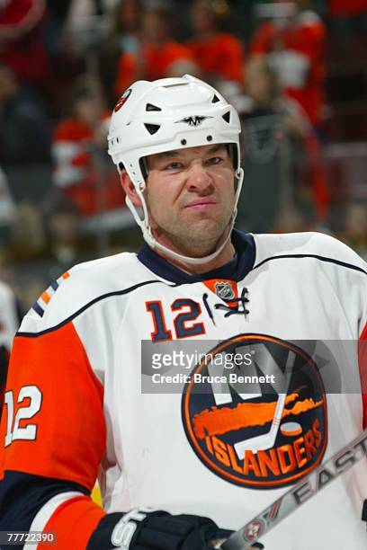 Chris Simon of the New York Islanders looks on during the NHL game against the Philadelphia Flyers on October 13, 2007 at the Wachovia Center in...