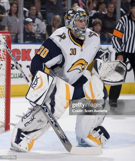 Goaltender Ryan Miller of the Buffalo Sabres prepares to defend the goal against the Tampa Bay Lightning at St. Pete Times Forum on October 27, 2007...