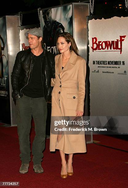 Actors Brad Pitt and wife Angelina Jolie arrive at the premiere of Paramount Pictures' "Beowulf" at the Westwood Village Theatre on November 5, 2007...