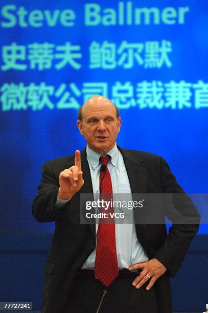 Microsoft CEO Steve Ballmer delivers a speech during his visit on November 6, 2007 in Chengdu, southwest China's Sichuan province. Ballmer is in...