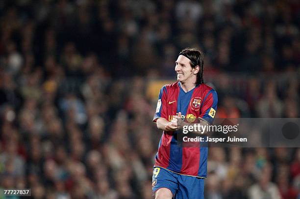 Lionel Messi of Barcelona reacts during the La Liga match between Barcelona and Real Betis at the Camp Nou Stadium on November 4, 2007 in Barcelona,...