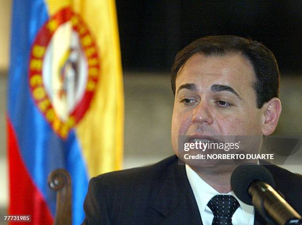 Paraguayan Foreign minister Ruben Ramirez Lezcano offers a joint press conference with his Colombian counterpart Fernando Araujo , during a meeting...
