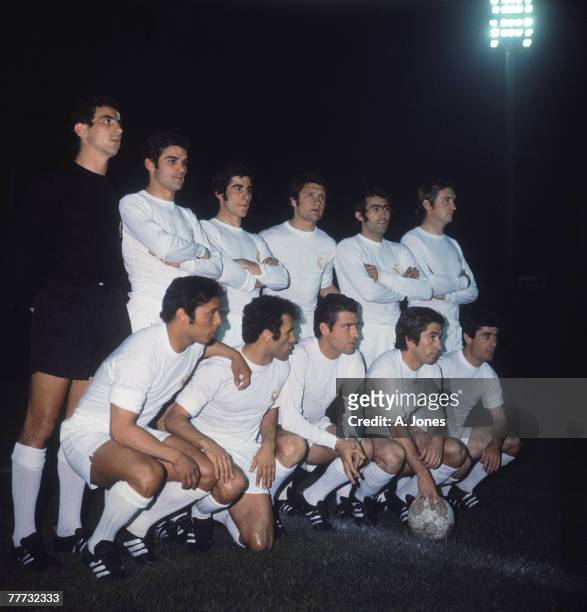 The Real Madrid team pose before their 1970-71 UEFA Cup Winners' Cup Final replay against Chelsea FC at Karaiskakis Stadium, Piraeus, Greece, 21st...
