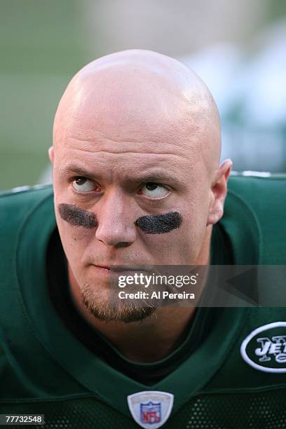 Linebacker Matt Chatham of the New York Jets watches the clock in the game against the Buffalo Bills at Giants Stadium, The Meadowlands, East...