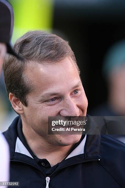 Head Coach Eric Mangini of the New York Jets smiles before the game against the Buffalo Bills at Giants Stadium, The Meadowlands, East Rutherford,...