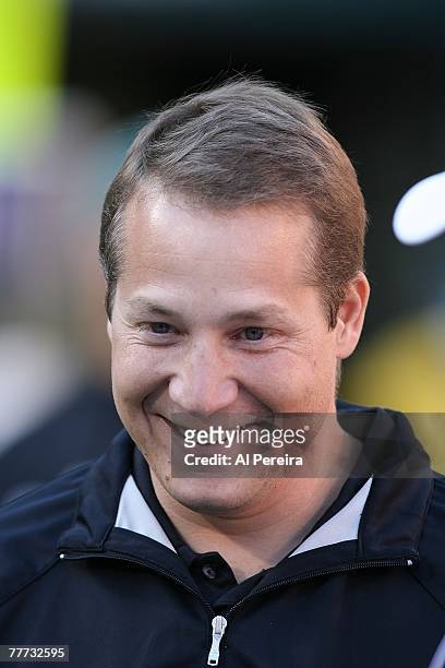 Head Coach Eric Mangini of the New York Jets smiles before the game against the Buffalo Bills at Giants Stadium, The Meadowlands, East Rutherford,...