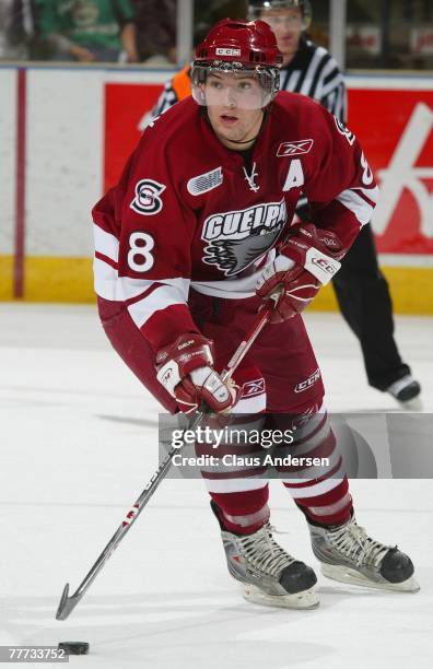 Drew Doughty of the Guelph Storm carries the puck in a game against the London Knights on November 4, 2007 at the John Labatt Centre in London,...