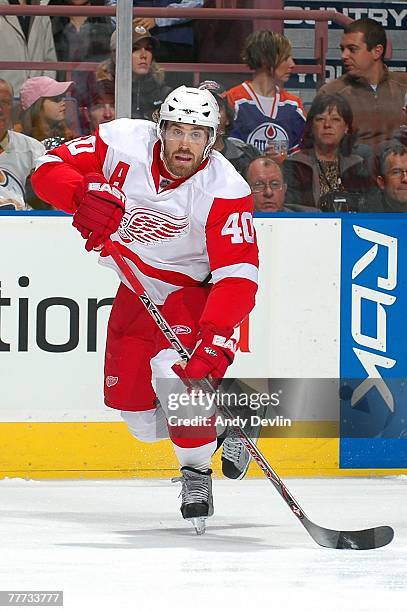 Henrik Zetterberg of the Detroit Red Wings makes a pass against the Edmonton Oilers on October 30, 2007 at Rexall Place in Edmonton, Alberta, Canada.