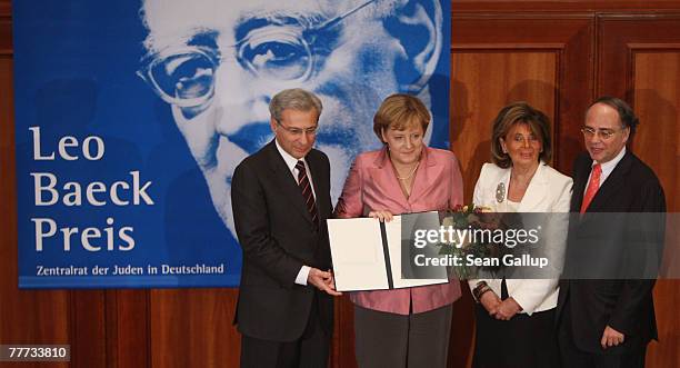 German Chancellor Angela Merkel poses with head of the Central Council of Jews in Germany Charlotte Knobloch , Vice President Salomon Korn and...