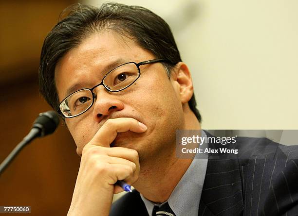 Yahoo! Inc. CEO Jerry Yang pauses during a hearing before the House Foreign Affairs Committee November 6, 2007 on Capitol Hill in Washington, DC. The...