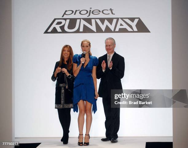 Magazines Fashion Director Nina Garcia, model Heidi Klum, and Tim Gunn speak on stage at the kick off of 'Project Runway' Season Four at Lincoln...