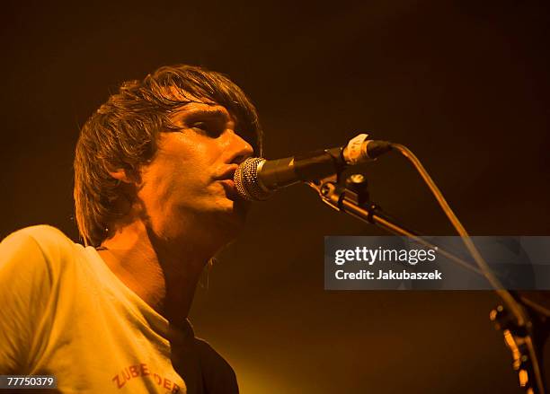 German singer Dirk von Lowtzow of the band Tocotronic performs live during a concert at the Columbiahalle on November 6, 2007 in Berlin, Germany. The...