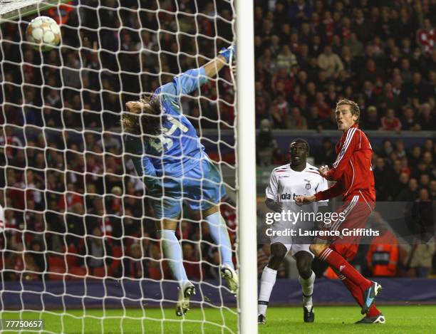 Peter Crouch of Liverpool scores his team's eighth goal during the UEFA Champions League Group A match between Liverpool and Besiktas at Anfield on...