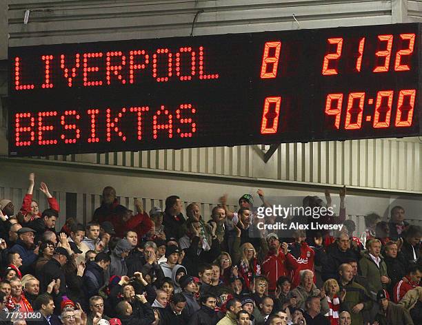 General view of a scoreboard displaying the final score at the end of the UEFA Champions League Group A match between Liverpool and Besiktas at...