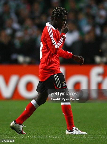 Gilles Binya of Benfica looks dejected after being shown a red card during the UEFA Champions League Group D match between Celtic and Benfica at...