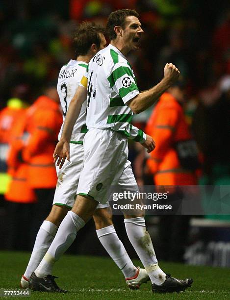 Stephen McManus of Celtic celebrates after the UEFA Champions League Group D match between Celtic and Benfica at Celtic Park on November 6, 2007 in...