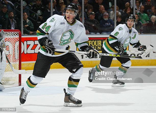 Trevor Koverko of the London Knights skates in a game against the Guelph Storm on October 25, 2007 at the John Labatt Centre in London, Ontario. The...