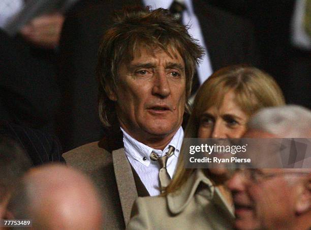 Singer Rod Stewart looks on during the UEFA Champions League Group D match between Celtic and Benfica at Celtic Park on November 6, 2007 in Glasgow,...