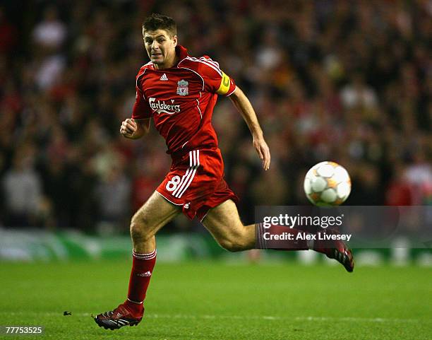 Steven Gerrard of Liverpool in action during the UEFA Champions League Group A match between Liverpool and Besiktas at Anfield on November 6, 2007 in...