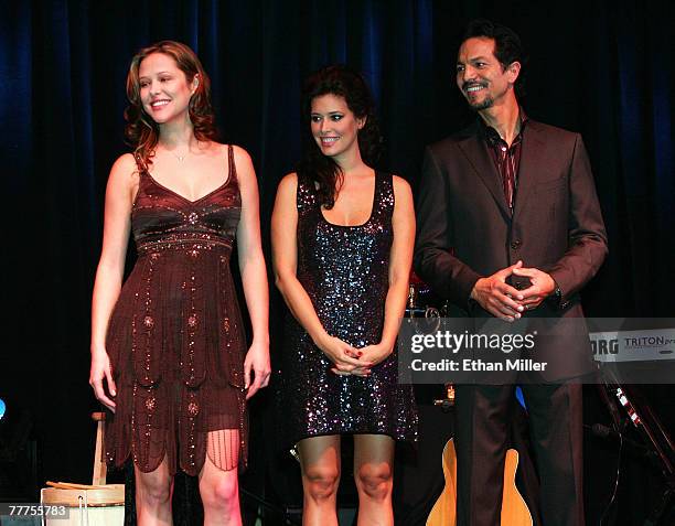 Actress Rubria Marcheens Negrao, actress Angie Cepeda, and actor Benjamin Bratt onstage during "An Evening of Love", benefitting The Bare Feet...