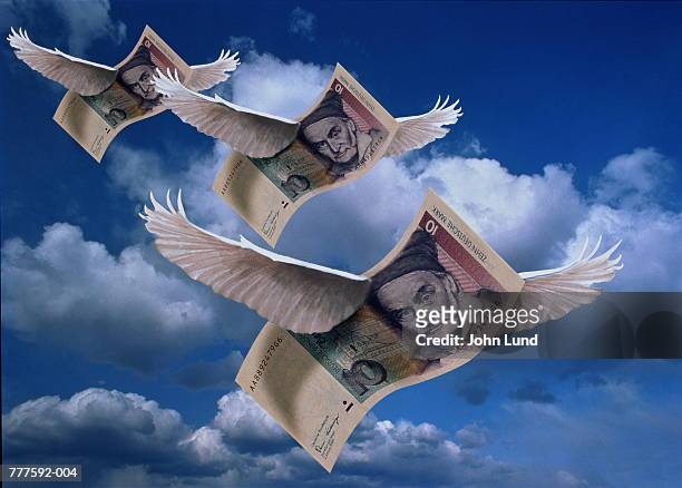 german ten mark notes with wings in sky (digital composite) - german mark note stock pictures, royalty-free photos & images