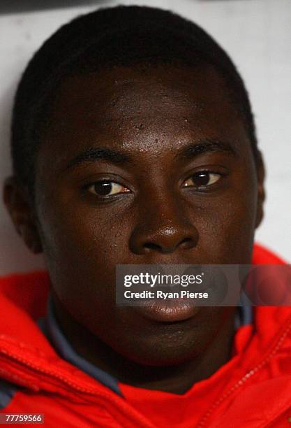 Freddy Adu of Benfica looks on before during the UEFA Champions League Group D match between Celtic and Benfica at Celtic Park on November 6, 2007 in...