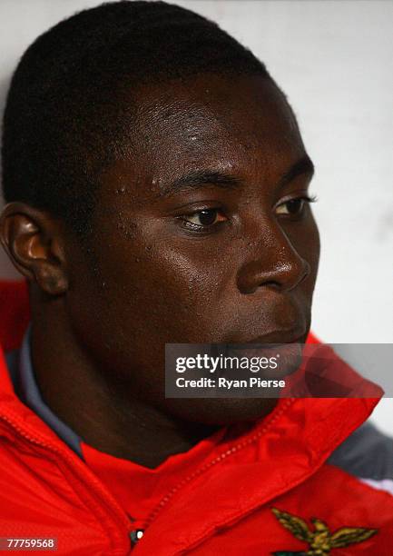Freddy Adu of Benfica looks on before during the UEFA Champions League Group D match between Celtic and Benfica at Celtic Park on November 6, 2007 in...