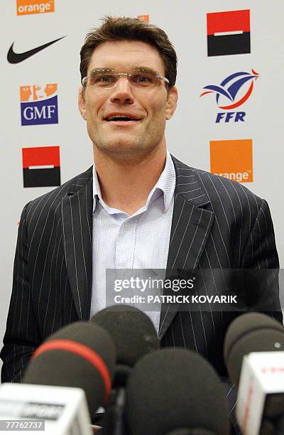 France's most-capped rugby union player, lock Fabien Pelous, speaks during a press conference to announce his retirement from international rugby...